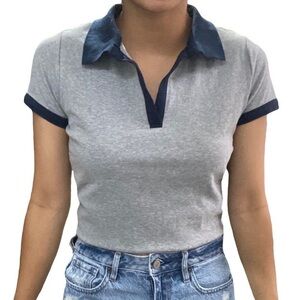 Brandy Melville Gray and Marine Blue Polo Top one size juniors